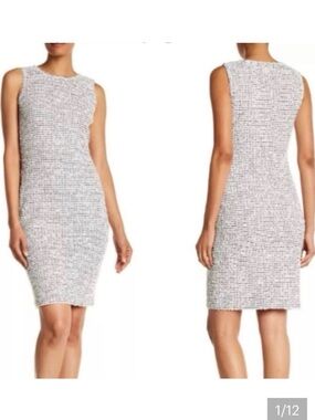 ST JOHN Caviar Black White Textured Stripe Knit Sleeveless Sheath Dress Sz 10